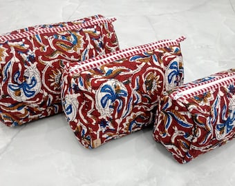 Set of 3 Quilted Block Print Toiletry Bags, Waterproof Lining