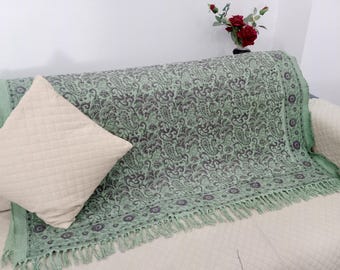 Hand-Loomed Cotton Throw: Floral Block Print, Bohemian Tassels