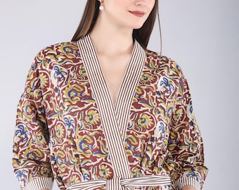 Handmade Cotton Block Print Kimono Robe – Lightweight Floral Dressing Gown