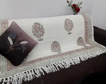 Hand-Loomed Cotton Throw Blanket: Floral Block Print, Bohemian Tassels