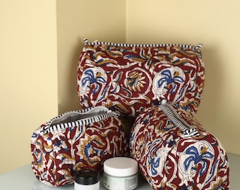 Set of 3 Quilted Block Print Toiletry Bags, Waterproof Lining