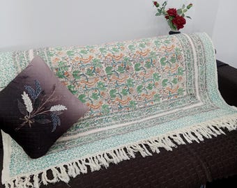 Hand Loomed Cotton Throw: Floral Block Print, Bohemian Tassel Blanket