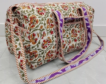 Hand Block Print Quilted Duffle Bag: Floral Cotton Weekender Travel Tote