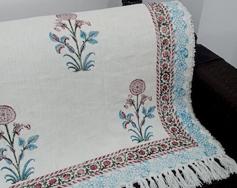 Hand-Loomed Cotton Throw Blanket: Floral Block Print, Bohemian Tassels