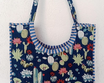 Handmade Quilted Cactus Tote Bag – Boho Desert Style Shoulder Bag (Navy Blue)