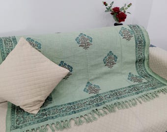 Hand Loomed Cotton Sofa Throw: Floral Block Print Bohemian Blanket