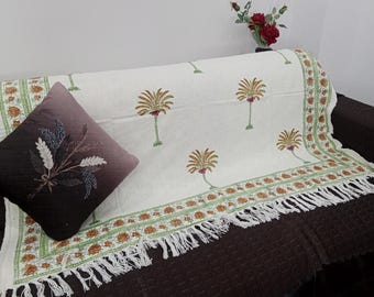 Hand-Loomed Cotton Throw Blanket: Floral Block Print, Bohemian Tassels