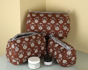 Set Of 3 Quilted Toiletry Bag, Block Print Make Up Bag, Cosmetic Bag - Free Shipping