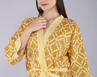Handmade Cotton Block Print Kimono Robe – Lightweight Floral Dressing Gown