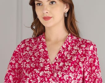 Handmade Red Floral Cotton Kimono Robe - Lightweight Loungewear