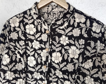 Black & White  Block Print Kantha Quilted Jacket: Reversible Boho Coat