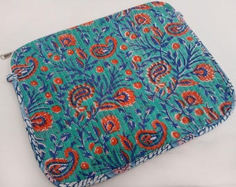 Green Floral Laptop Sleeve | Padded Cotton Case | 15 Inch Quilted Cover