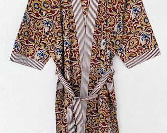 Handmade Cotton Kimono Robe | Brown Floral Block Print Dressing Gown