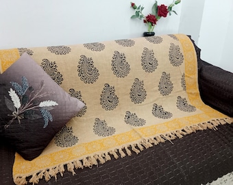 Hand-Loomed Cotton Sofa Throw: Floral Block Print with Tassels