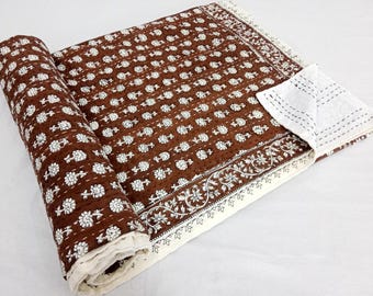 Handmade Brown Kantha Quilt | Block Print Cotton Blanket with Floral Pattern | Boho Bedding Throw
