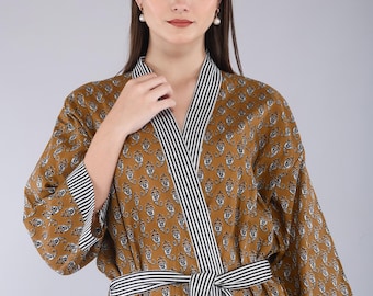 Handmade Cotton Block Print Kimono Robe – Lightweight Floral Dressing Gown