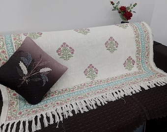Hand-Loomed Cotton Throw Blanket: Floral Block Print, Bohemian Tassels