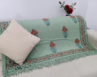 Hand-Loomed Cotton Throw Blanket: Floral Block Print, Bohemian Tassels