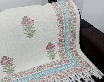 Hand-Loomed Cotton Throw Blanket: Floral Block Print, Bohemian Tassels