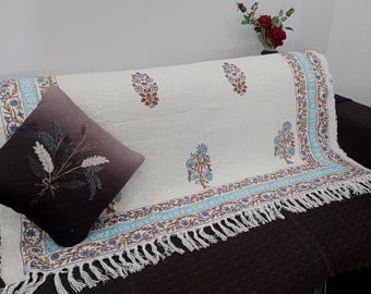 Hand-Loomed Cotton Sofa Throw: Floral Block Print, Bohemian Tassels