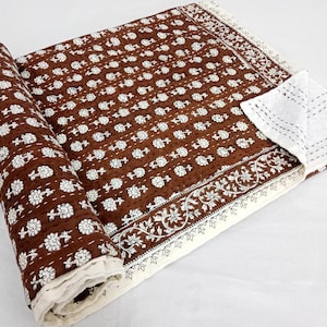 Handmade Quilt Brown Kantha Quilt | Block Print Cotton Blanket with Floral Pattern | Boho Bedding Throw