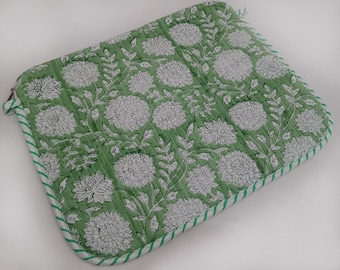 Handmade Quilted Laptop Sleeve, Olive Green Floral Block Print