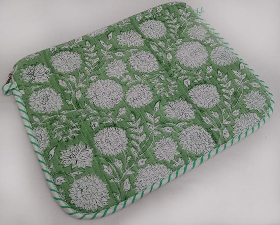 Handmade Sleeve Quilted Sleeve Laptop Sleeve, Olive Green Floral Sleeve Block Print Sleeve