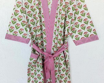 Handmade Cotton Kimono Robe | Floral Block Print Loungewear