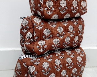 Set of 3 Quilted Block Print Toiletry Bags, Waterproof Lining