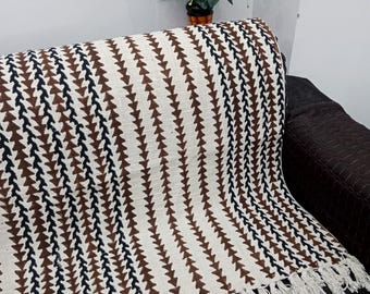 Hand-Loomed Cotton Sofa Throw: Floral Block Print with Tassels