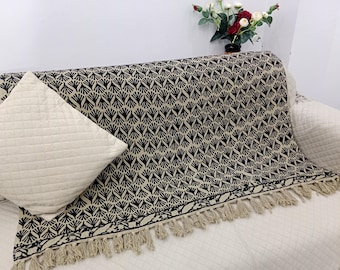 Hand Block Print Cotton Throw Blanket | Black & Beige Boho Sofa Bed Throw