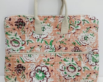 Handmade Kantha Laptop Bag, Floral Quilted Laptop Sleeve, Padded Work Tote for Women