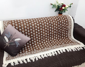 Hand-Loomed Cotton Throw Blanket: Floral Block Print, Bohemian Tassels