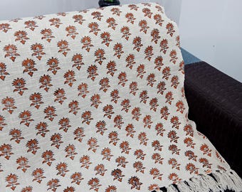 Hand-Loomed Cotton Sofa Throw: Floral Block Print with Tassels