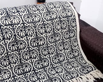 Hand-Loomed Cotton Sofa Throw: Floral Block Print with Tassels