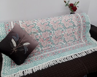 Hand Loomed Cotton Throw Blanket: Floral Block Print, Bohemian Tassels