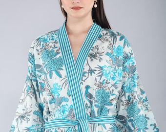 Handmade Cotton Block Print Kimono Robe – Lightweight Floral Dressing Gown