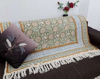 Hand-Loomed Cotton Sofa Throw: Floral Block Print with Tassels