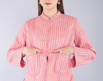 Reversible Kantha Jacket | Floral Quilted Cotton Coat | Boho Pink Block Print Layer