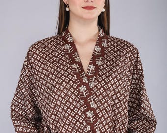 Handmade Cotton Block Print Kimono Robe – Lightweight Floral Dressing Gown