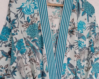 Handmade Cotton Kimono Robe: Blue Floral Block Print Lightweight Gown