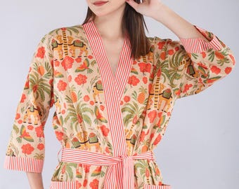 Handmade Cotton Block Print Kimono Robe – Lightweight Floral Dressing Gown