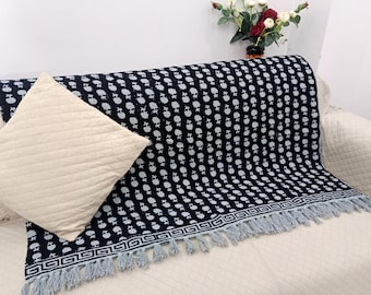 Hand-Loomed Cotton Sofa Throw Floral Block Print with Tassels Mud Cloth Throw Blanket with Tassels Hand Loomed Block Print