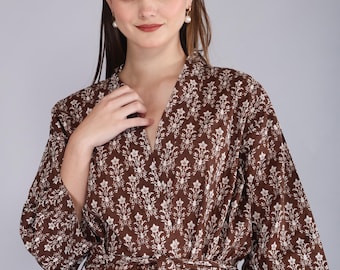 Handmade Cotton Block Print Kimono Robe – Lightweight Floral Dressing Gown