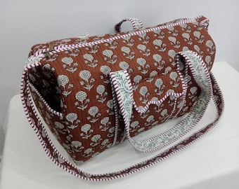 Handmade Block Print Quilted Duffle Bag: Reversible Cotton Weekender