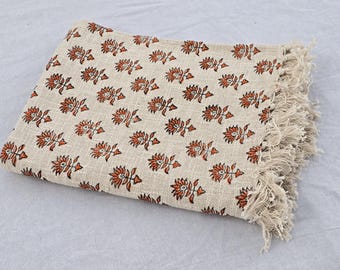 Hand-Loomed Cotton Sofa Throw: Floral Block Print with Tassels