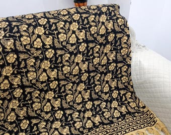 Hand-Loomed Cotton Sofa Throw: Floral Block Print with Tassels