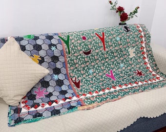 Vintage Hand Embroidered Kantha Throw: Floral Cotton Sofa Blanket Both Side Print