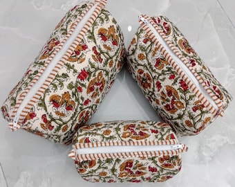 Set of 3 Quilted Block Print Toiletry Bags, Waterproof Lining