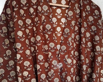 Handmade Cotton Kimono Robe: Brown Floral Block Print Kaftan